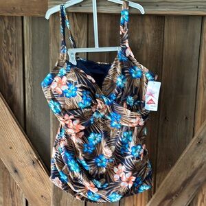 Lands' End Floral Tankini Top with Blue and Orange Accents